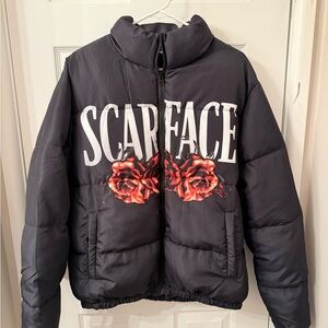 Scarface Black Puffer Jacket with Red Rose Design